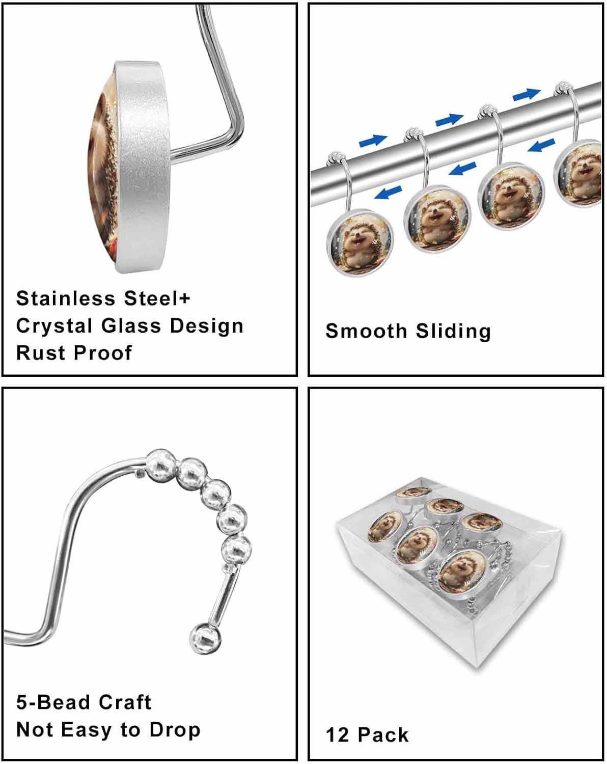Shower Curtain Hooks Set of 12 Fall Hedgehog Animal Oil Painting Texture Crystal Glass Shower Curtain Rings for Bathroom Decorative Stainless Steel Rust Proof Roller Shower Curtain Hangers