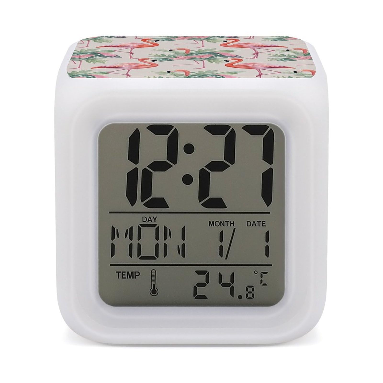 FekiLoot Watercolor Flamingo Alarm Clock for Heavy Sleepers Wake Up Digital Clock with 7 Color Changing Night Light Super Loud Digital Alarm Clocks Small Machine Alarm Clocks