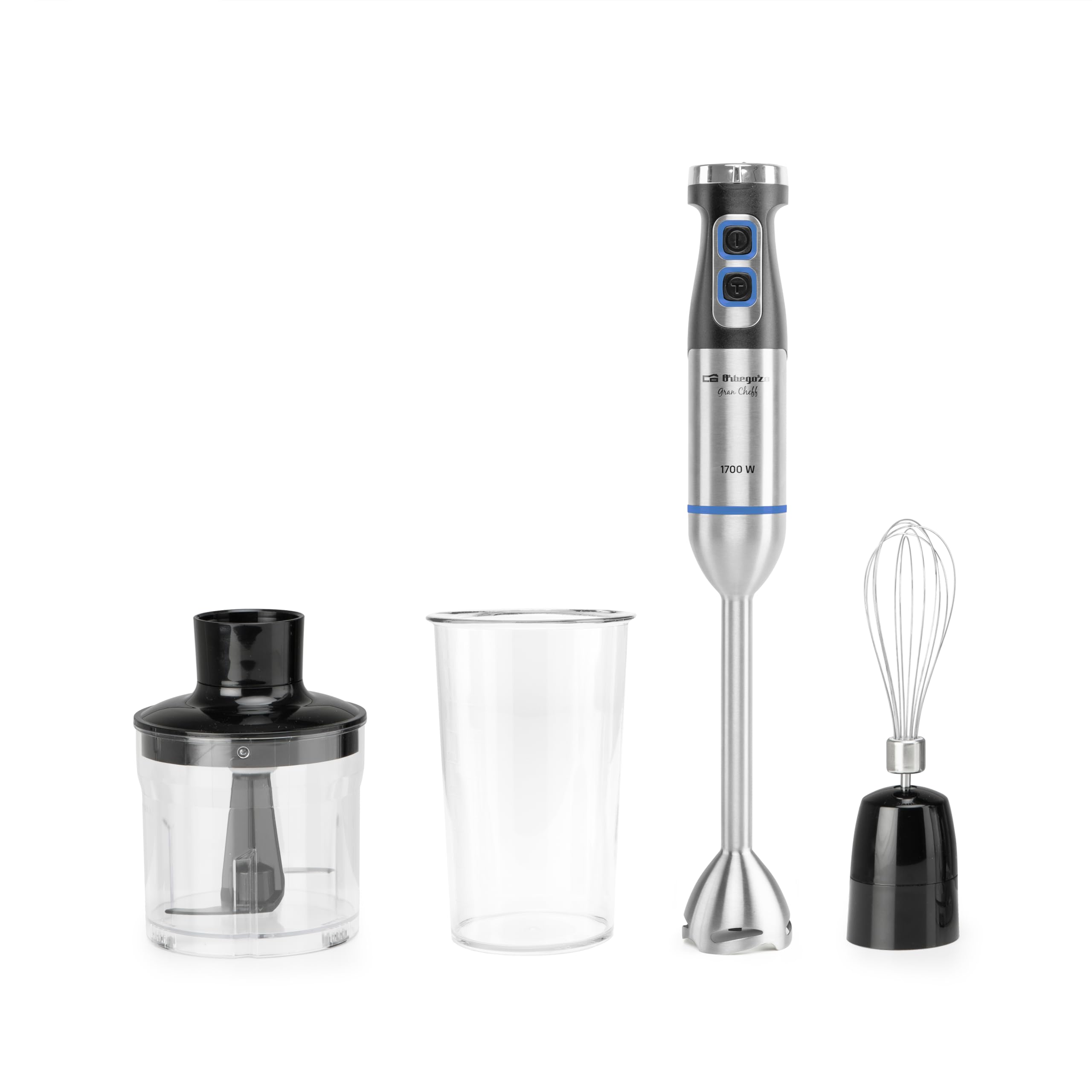 Orbegozo BT 5017 Batidora de Mano 1700W con Motor DC, Velocidad Ajustable, Función Turbo, Accesorio Varillas, Picador 600 ml y Vaso Medidor 900 ml