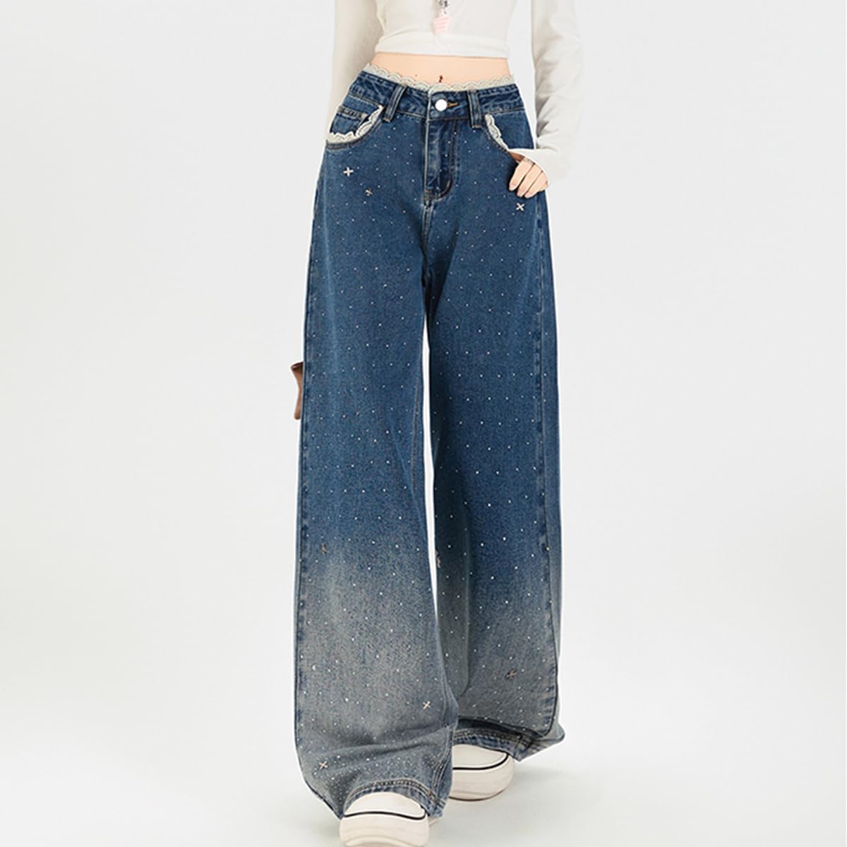 Women's Fashion High Waisted Straight Leg Jeans Y2K Cute Lace Casual Gradual Sticking Drill Denim Pants - Image 5