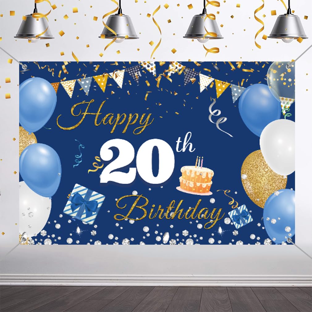 Tecreo 20th Birthday Decorations Happy Birthday Backdrop Banner, Blue Vinyl Fabric Sign Poster, 59"x35.4"