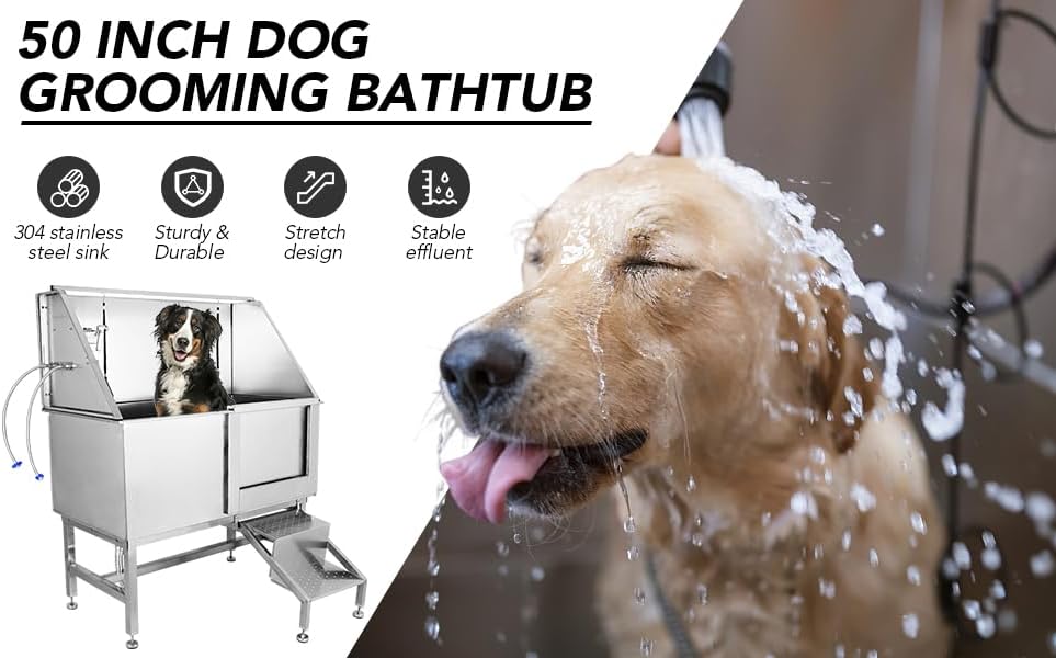 Miniatura 6 de Towallmark Bañera de aseo para perros, estación de lavado de mascotas de 50 pulgadas de largo, bañera profesional de acero inoxidable para mascotas