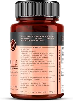 Triple Strength Magnesium Glycinate 1350mg x 90 Caplets 202.5mg Elemental Magnesium Per Caplet 3 Months Supply - 100% Glycine Chelated, Gentle on The Stomach