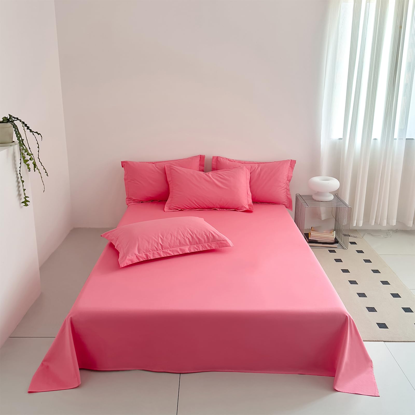 Drap plat 120x230cm rose en coton uni pour lit simple de qualité hôtelière