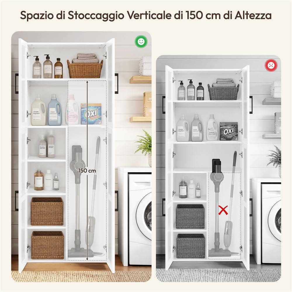 Yaheetech Armadio per Scope Alto 175,5 cm Armadio Multiuso a 4 Ante Scomparto per la Dispensa Profondo 37,5 cm Mobiletto Contenitivo Slanciato con Vano per l'Aspirapolvere Bianco