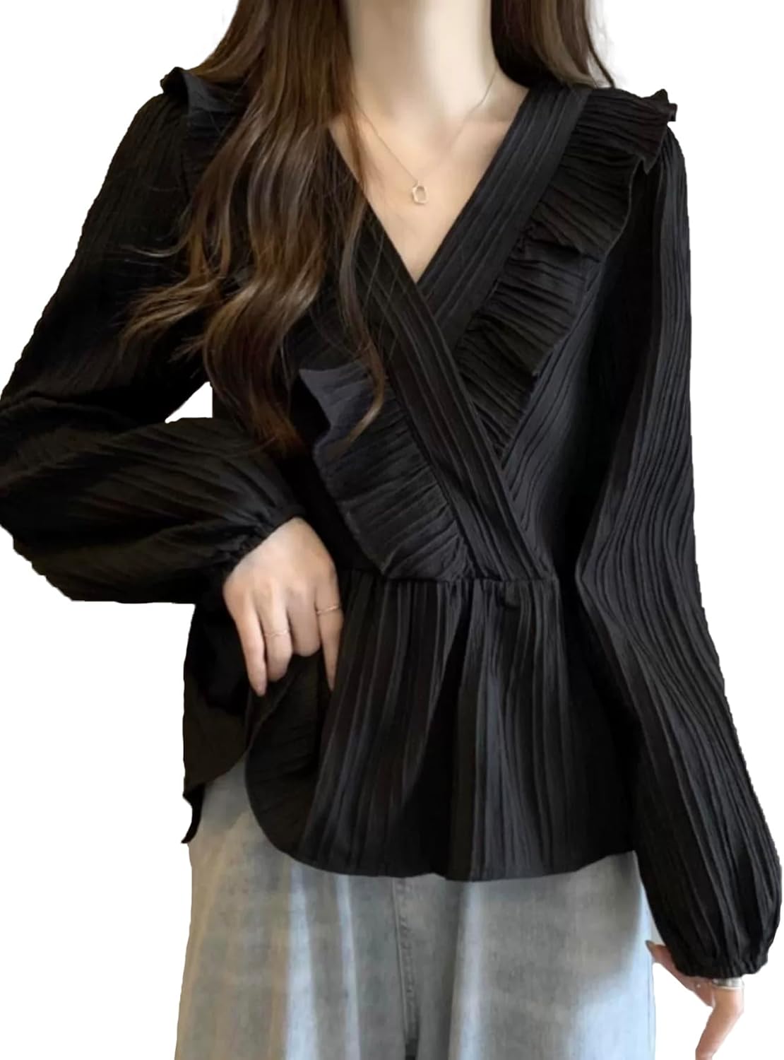 Women Ruffle Trim Pleated Cute Blouse Long Sleeve Tops Vintage Shirts