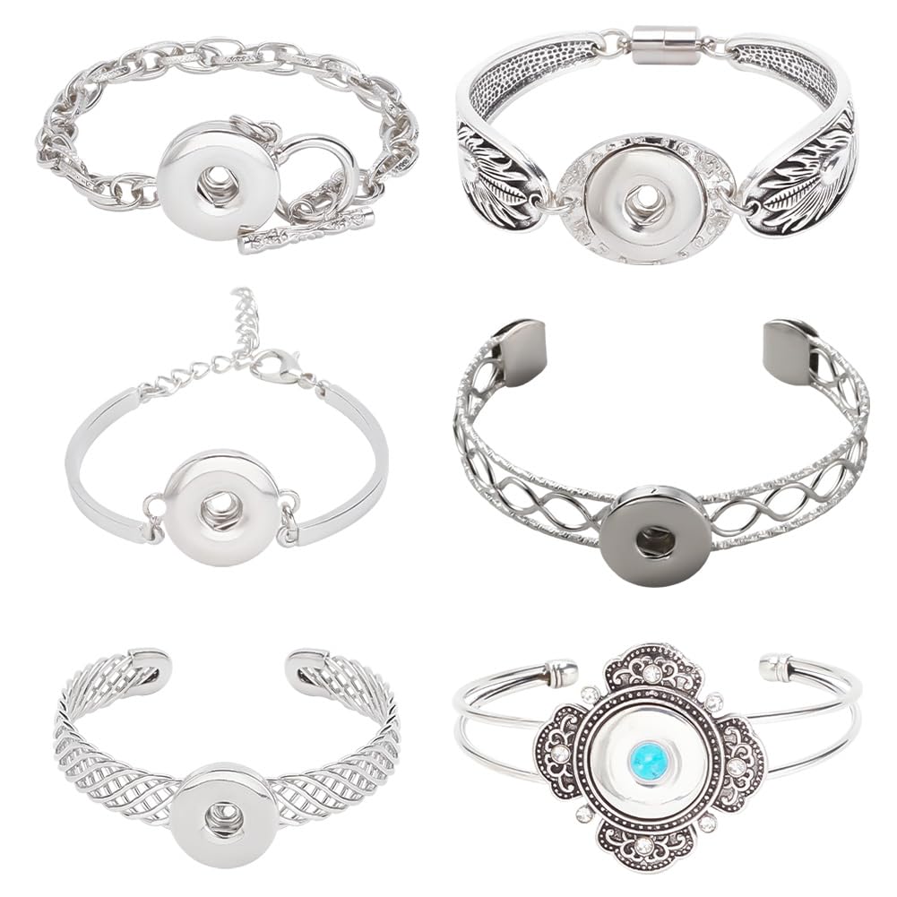 DELORIGIN 6pcs Snap Bangle Bracelets Interchangeable Snap Bangle Charms Collection Adjustable Snap Bracelets Handmade Jewelry Snap Button Jewelry Chain for Women Making DIY Jewelry Accessory