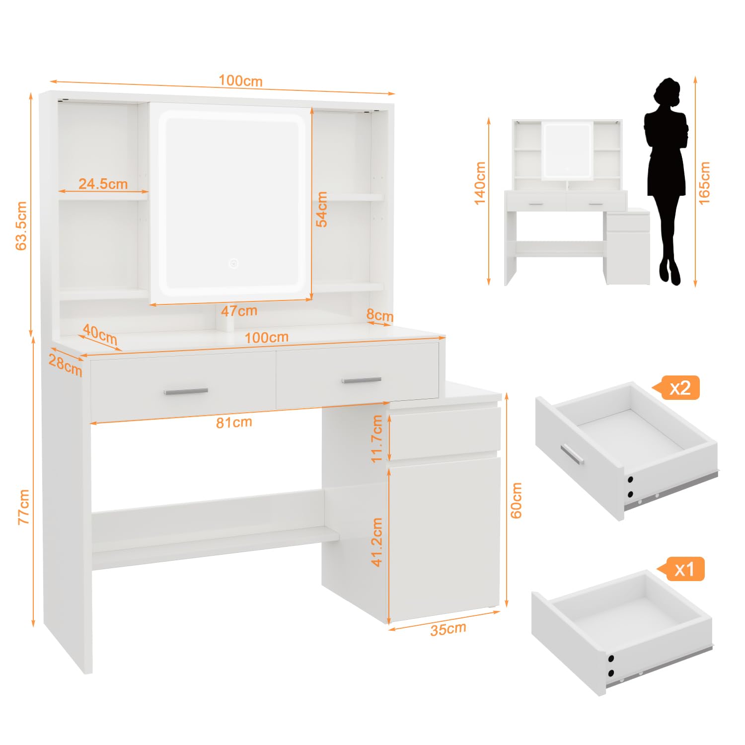 JUMMICO Coiffeuse avec éclairage Miroir LED (3 Niveaux de luminosité et 3 températures de Couleur), Grande Coiffeuse avec 6 Compartiments, 2 tiroirs, Armoire latérale et étagère, 117 x 40 x 140 cm