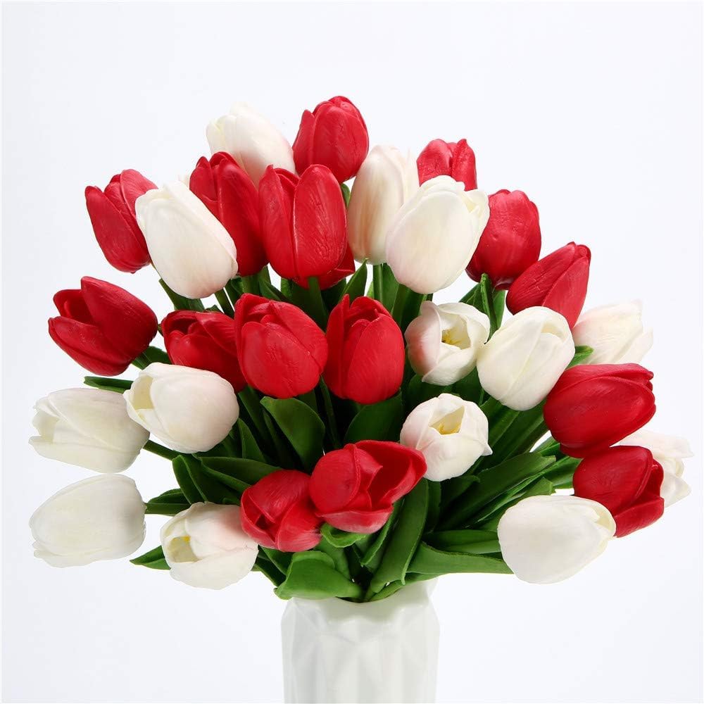 YATUOPNG Artificial Plant In Pot-Real-Touch Tulip Flowers Home Wedding Party Decor(White and Red)
