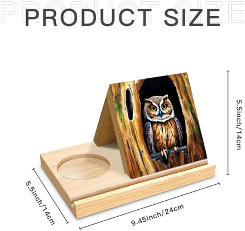 Rustic Farmhouse Owl Wooden Triangle Book Holder,Owl Bookmark with Coffee Cup Holder,Book Stand for Page Rest,Night Stand Book Reading Rest with Slotted for Readers Teachers