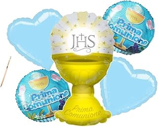 IRPot - BOUQUET DI PALLONCINI N 1 PRIMA COMUNIONE BAMBINO CELESTE CALICE OSTIA