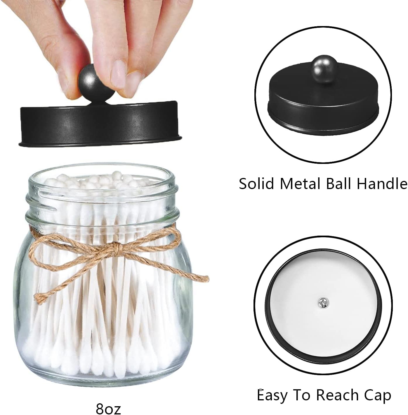 Tebery 4 Pack Mason Jar Bathroom Accessories Set with Black Lids Rustic Farmhouse Decor Bathroom Countertop, Vanity Organizer - Soap Dispenser & 2 Apothecary Jars & Toothbrush Holder