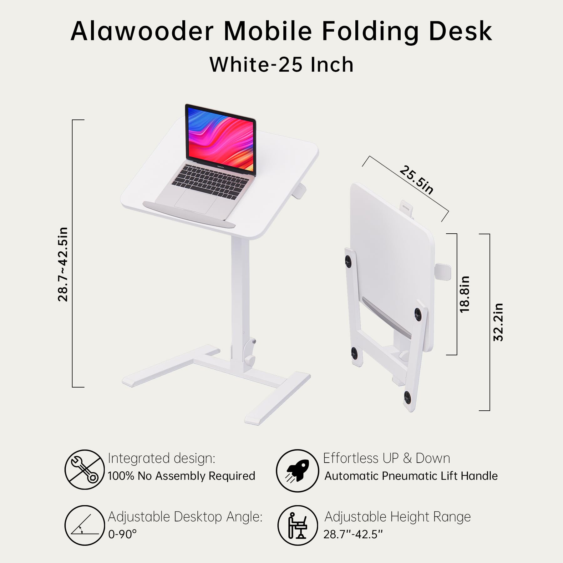 25 Inch Mobile Folding Desk - No Assembly Pneumatic Sit-Stand Desk 29-42 Height Adjustable Rolling Laptop Desk with — view 3