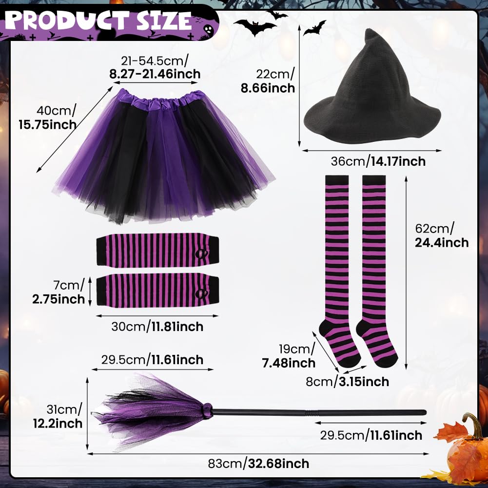 MAYIT 5PCS Halloween Witch Gothic Costumes Set Witch Hat Broom Skirt Striped Thigh Socks Arm Warmers for Women Girls