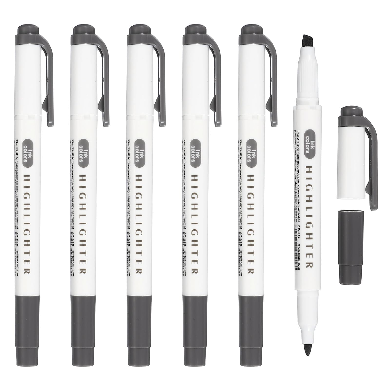 PATIKIL Highlighter Pen, 6 Pack Double Ended Highlighter Broad and Round Tips Marker Pens Studying Supplies for Office Home Daily Use, Dark Gray