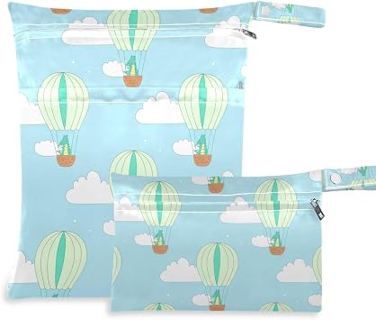 2pcs Waterproof Wet Dry Bags, Reusable Cloth Diaper Wet Dry Bags with Dual Zippered Pockets and Handle for Travel Pool Yoga Gym Clothes and Toiletries, Green Dragons in Hot Air Balloons