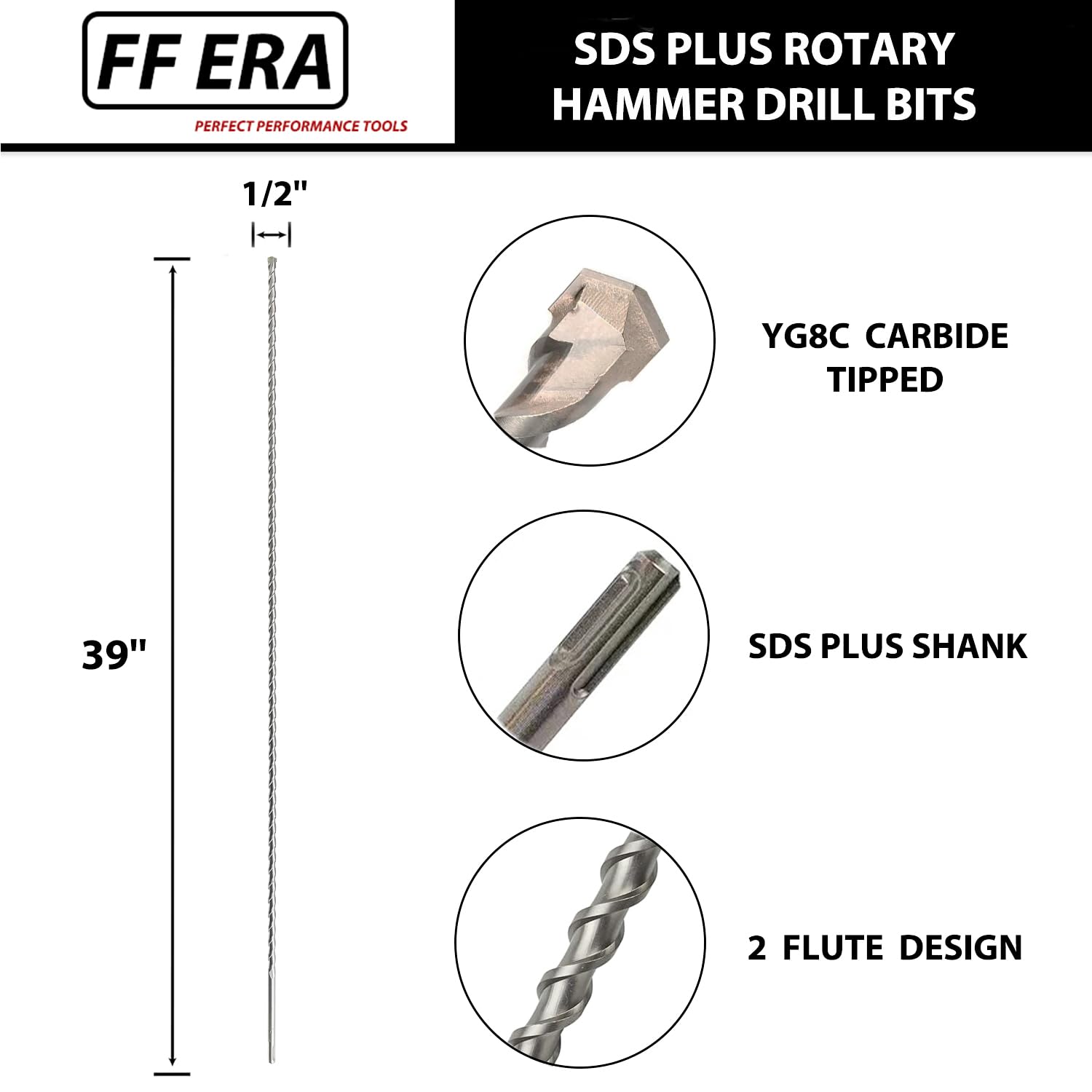 1/2 Inch x 39 Inch SDS Plus Rotary Hammer Drill Bit – U-Flute - Masonry Drill Bits with Carbide Tipped for Brick, Stone, Concrete (1/2'' x 39'')