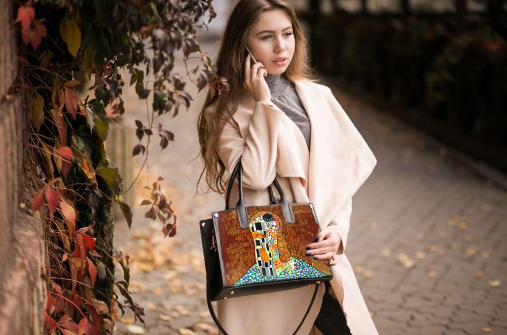 Arte Lisanti Borsa in Pelle Dipinta a Mano – IL BACIO DI GUSTAV KLIMT – a Mano, a Tracolla, Borsa Donna, Idea Regalo, Artigianato Italiano, Made In Italy, Vera Pelle, Tote Bag