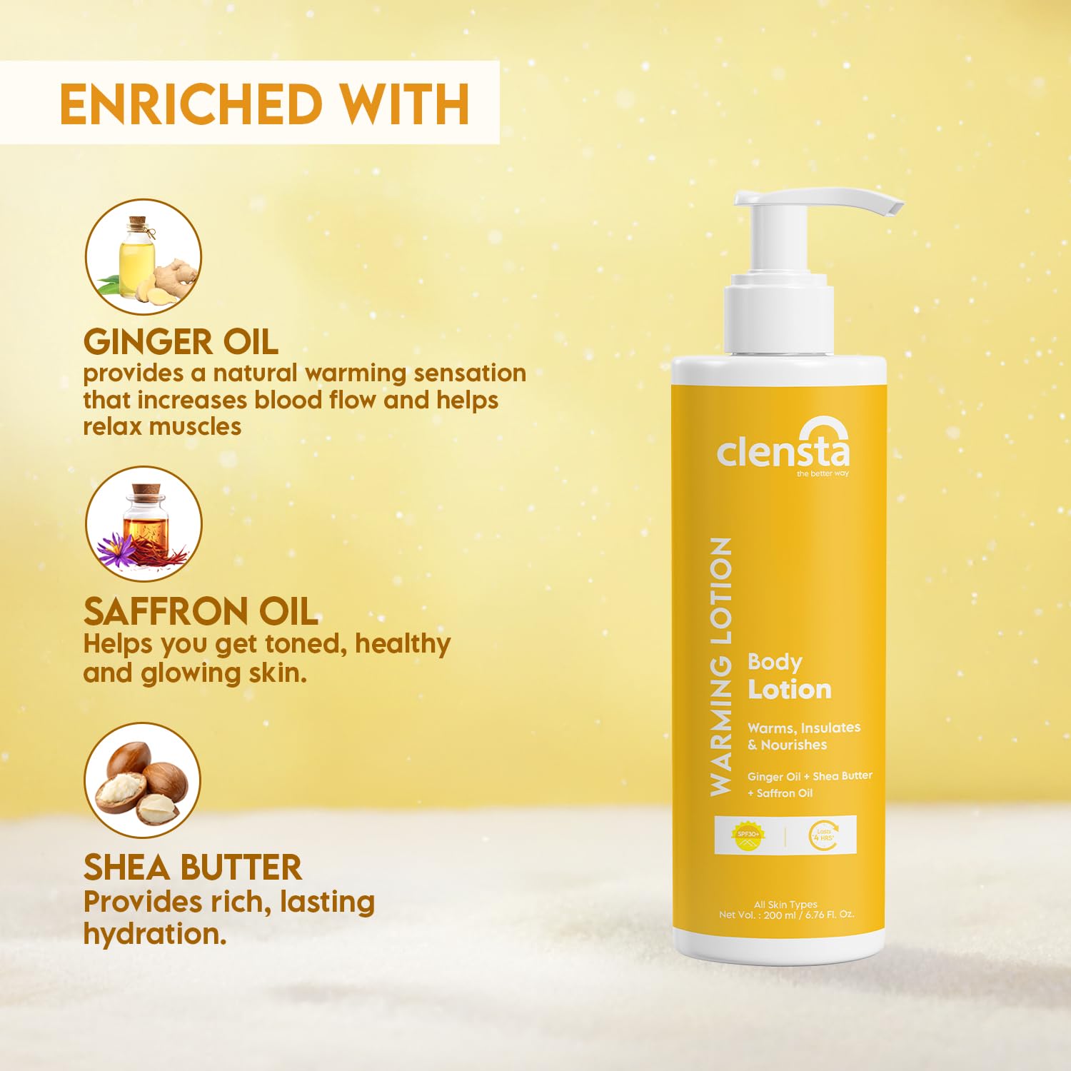 Clensta WARMING Body Lotion Pack of 2 x 200ml for All Skin Types Winter Women Men | Warms, Insulates & Hydrates Skin | Enriched with Ginger Oil, Shea Butter & Active Peptides 1