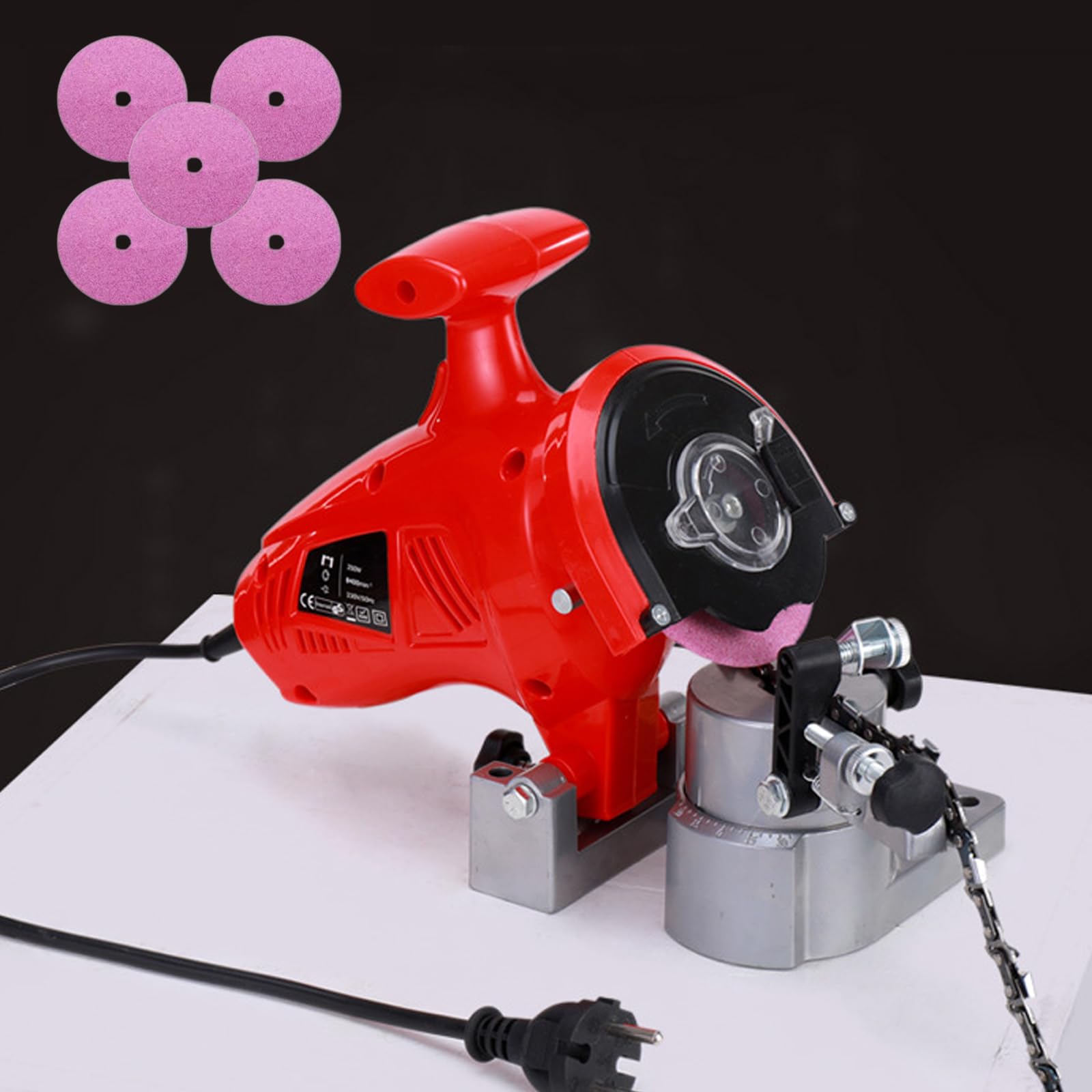 Afilador De Motosierra Eléctrico De 250 W, Rectificadora De Cadenas De Escritorio, con 5 Discos De Amolar, Velocidad Sin Carga De 8400 RPM, Ángulo Ajustable De 0 a 35°, Mango Antideslizante
