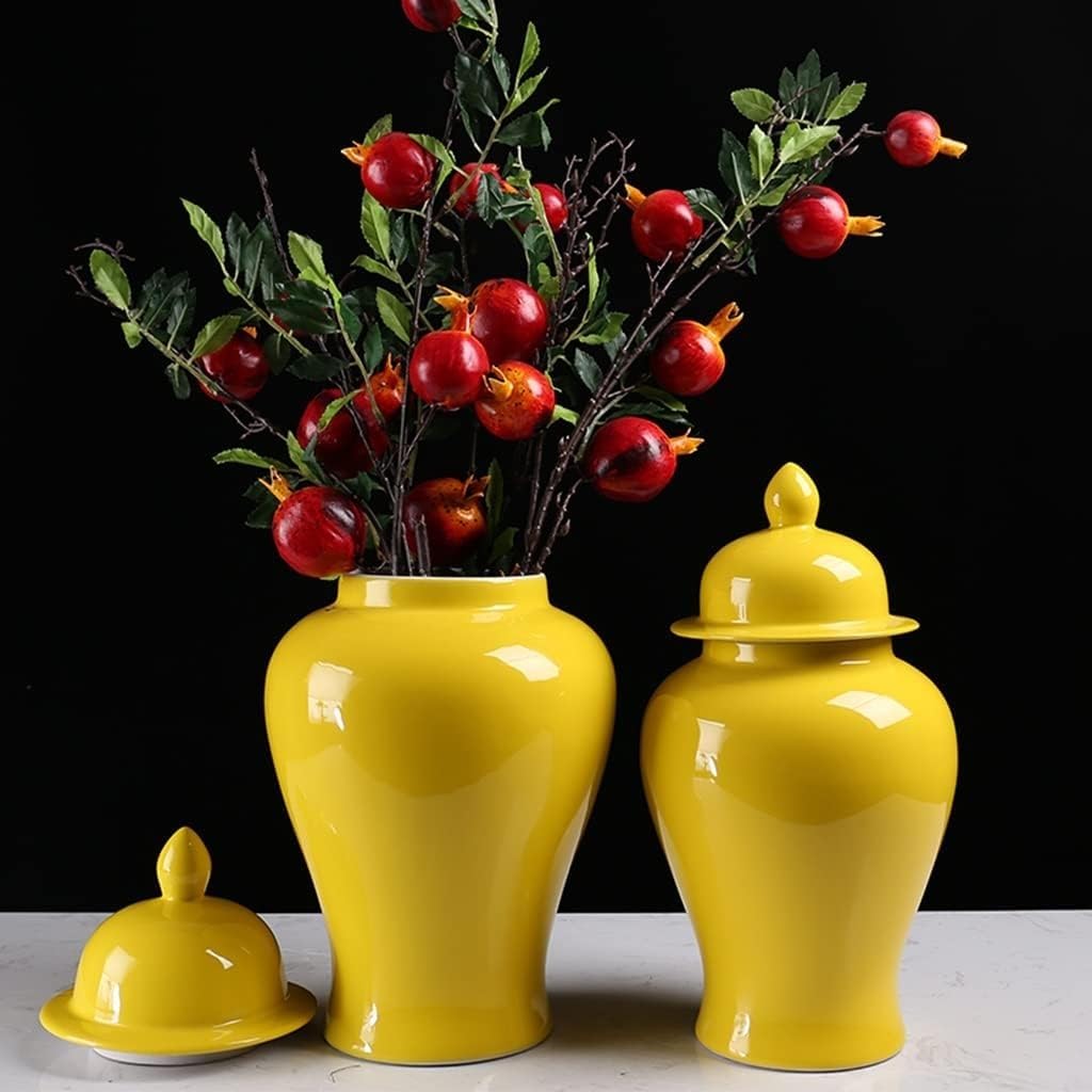 Nowoczesny wazon porcelanowy, chiński ceramiczny słoik na imbir z pokrywką, duży dekoracyjny słoik, żółty orientalny słoik świątynny (L)