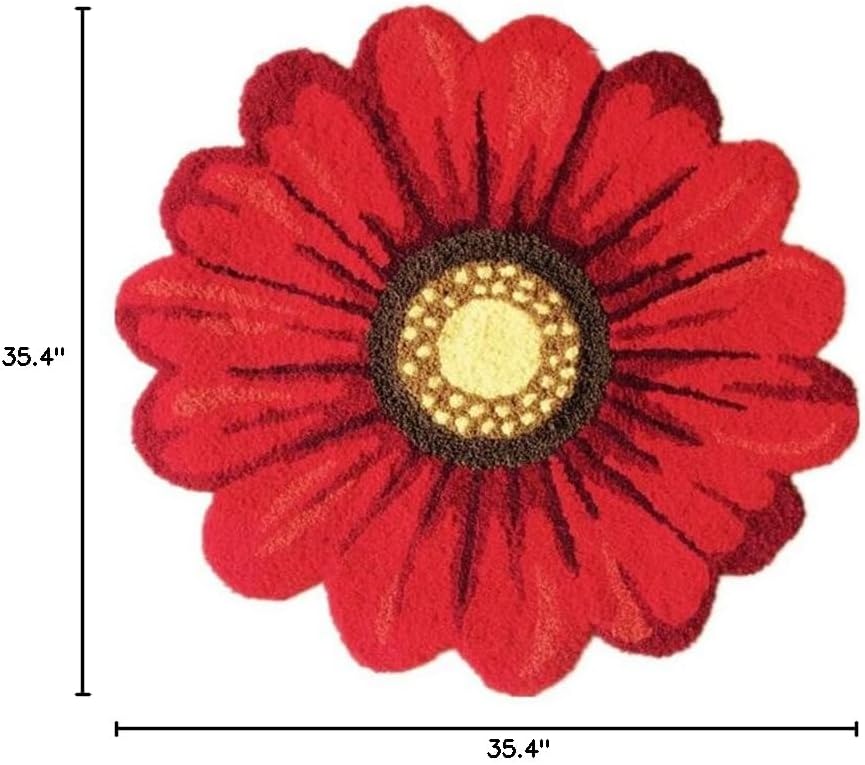 Red Sunflowers Shape Area Rugs,Hand Woven Round Floral Bath Rug for Bedroom,Playroom,Kitchen,Bathroom,Non-Slip Washable Small Carpet,35.4" X 35.4"