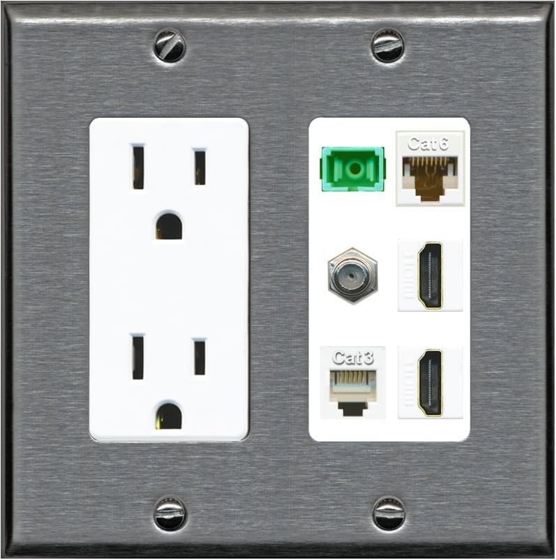 RiteAV 1 Port Fiber Optic Jack SC Simplex APC + Cat6 + Coax + 2 x HDMI + Phone Wall Plate - Outlet [Light-Almond/White]
