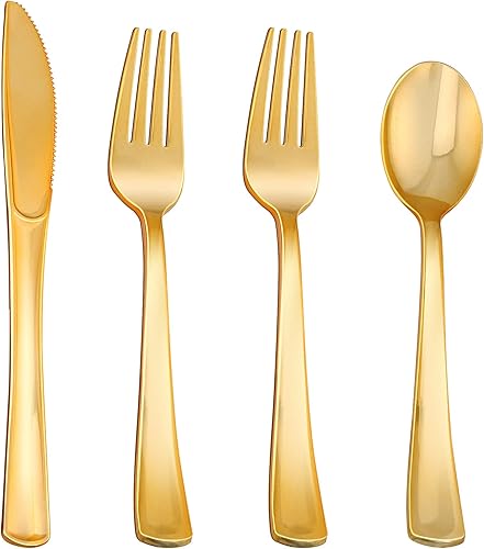 100 cubiertos de plástico dorado, juego de cubiertos de plástico dorado, utensilios de plástico dorado que incluyen 50 tenedores dorados, 25