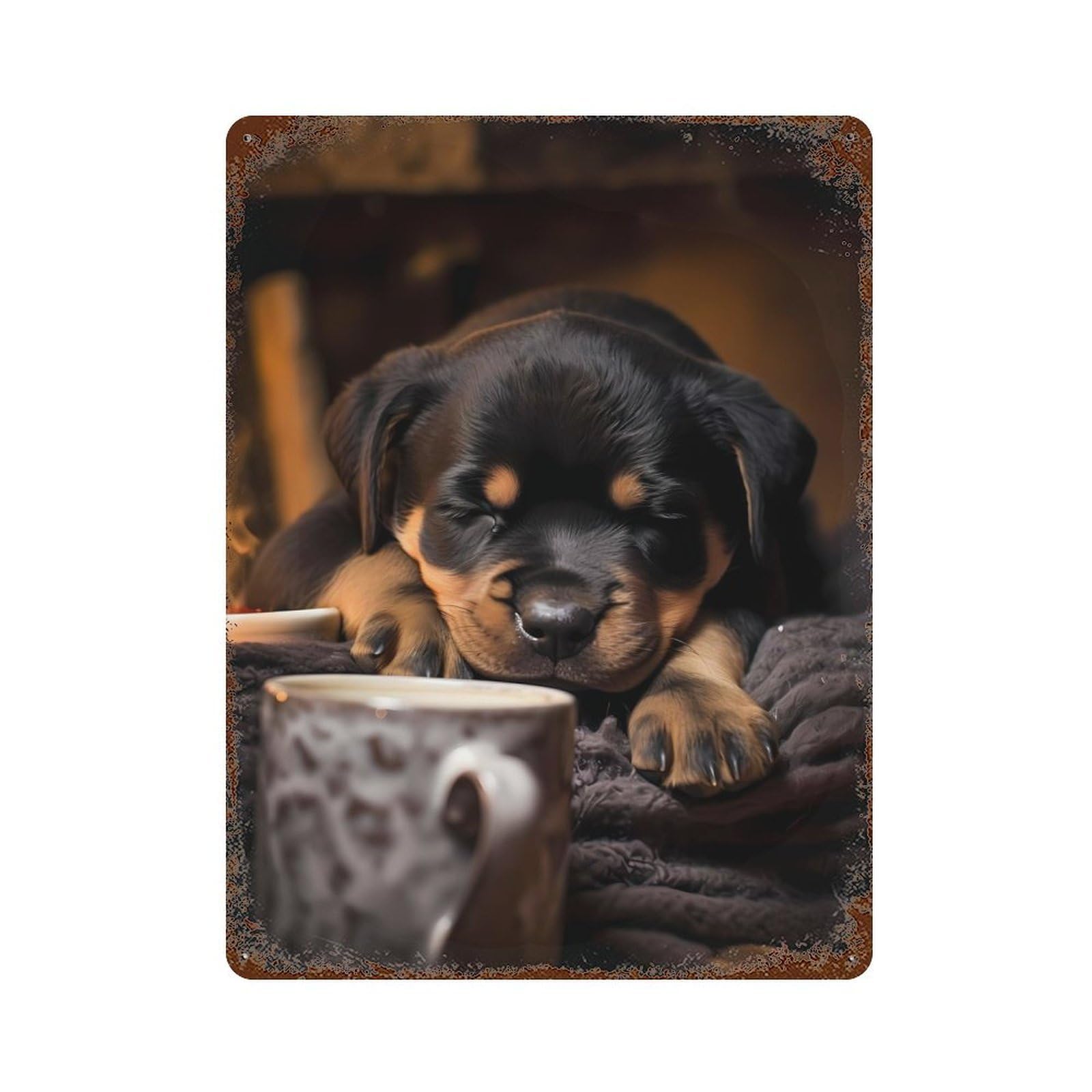 Rottweiler Dog Coffee Pup Rustic Tin Plaque 15.7"x11.8", Ideal for Shed, Workshop And Garage Wall Decor