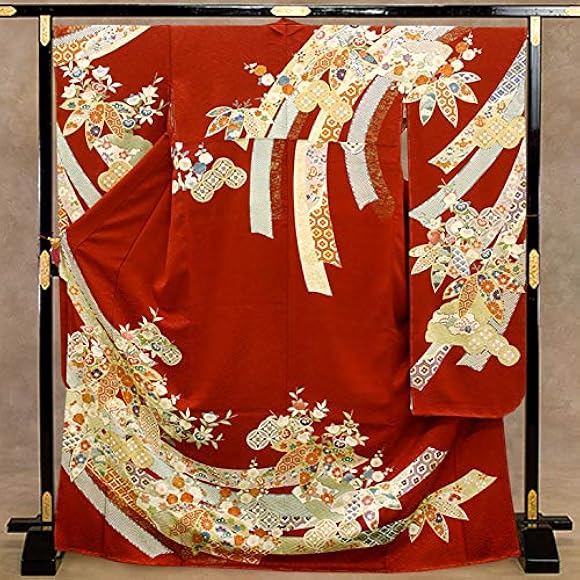 振袖仮絵羽未仕立て品手描き京友禅本振袖振り布付き赤系扇古典柄
