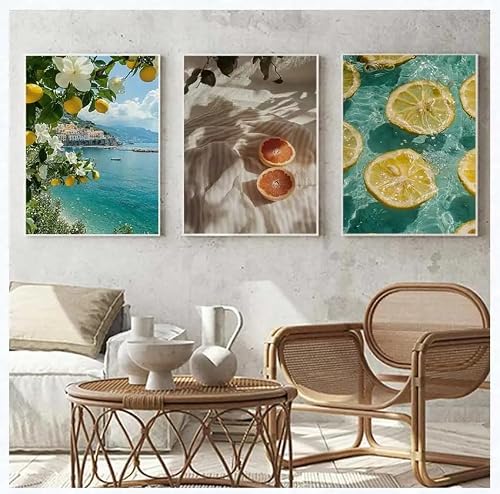 LMYSXAOZ Retro Mediterranean Greece Landscape Poster Canvas Painting Wall Art Pictures Home Decoration Lemon Orange Olive Tree(60x80cm-3Pcs)
