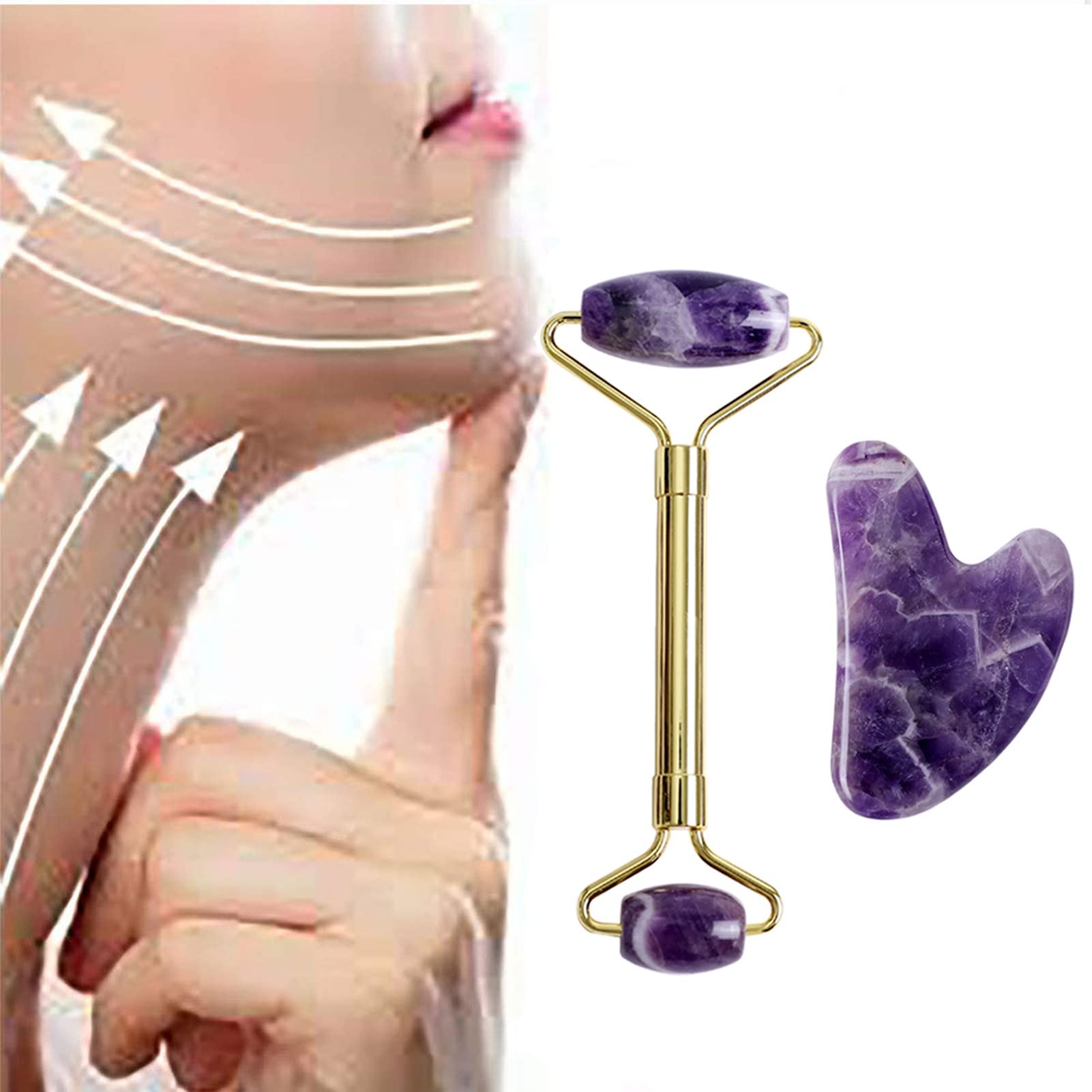 Jade Roller Und Gua Sha Set Gouache Amethyst Naturstein Gesichtsmassagegerät Jade Roller Gua Sha Spa Set Akupunktur Kristall Schaben Gouache Gesichtsschaber
