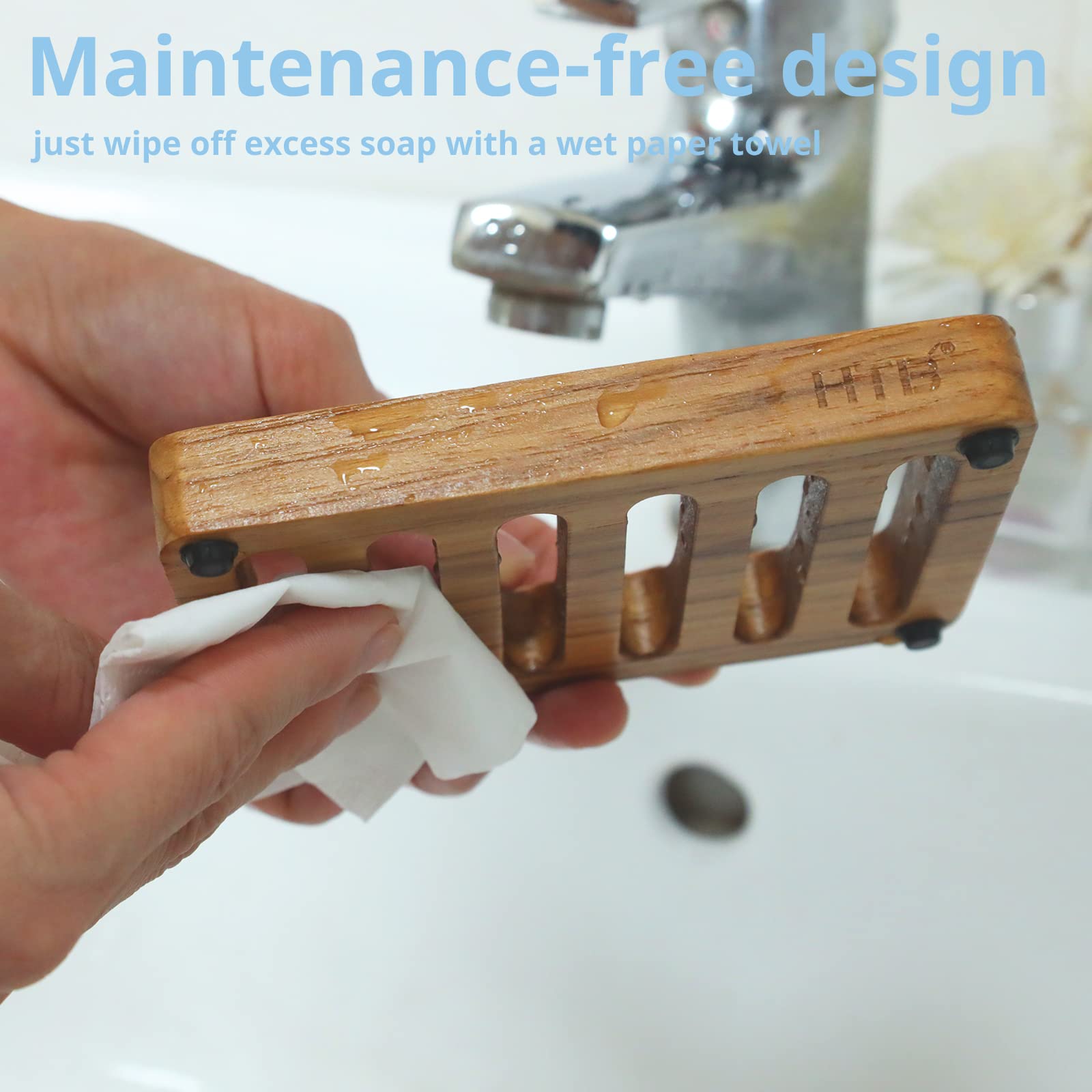 Slotted Bar Soap Holder Teak Wood 2pcs by HTB, Kitchen Wooden Sponge Holder, Self Draining Soap Dish for Shower Sink - Image 4