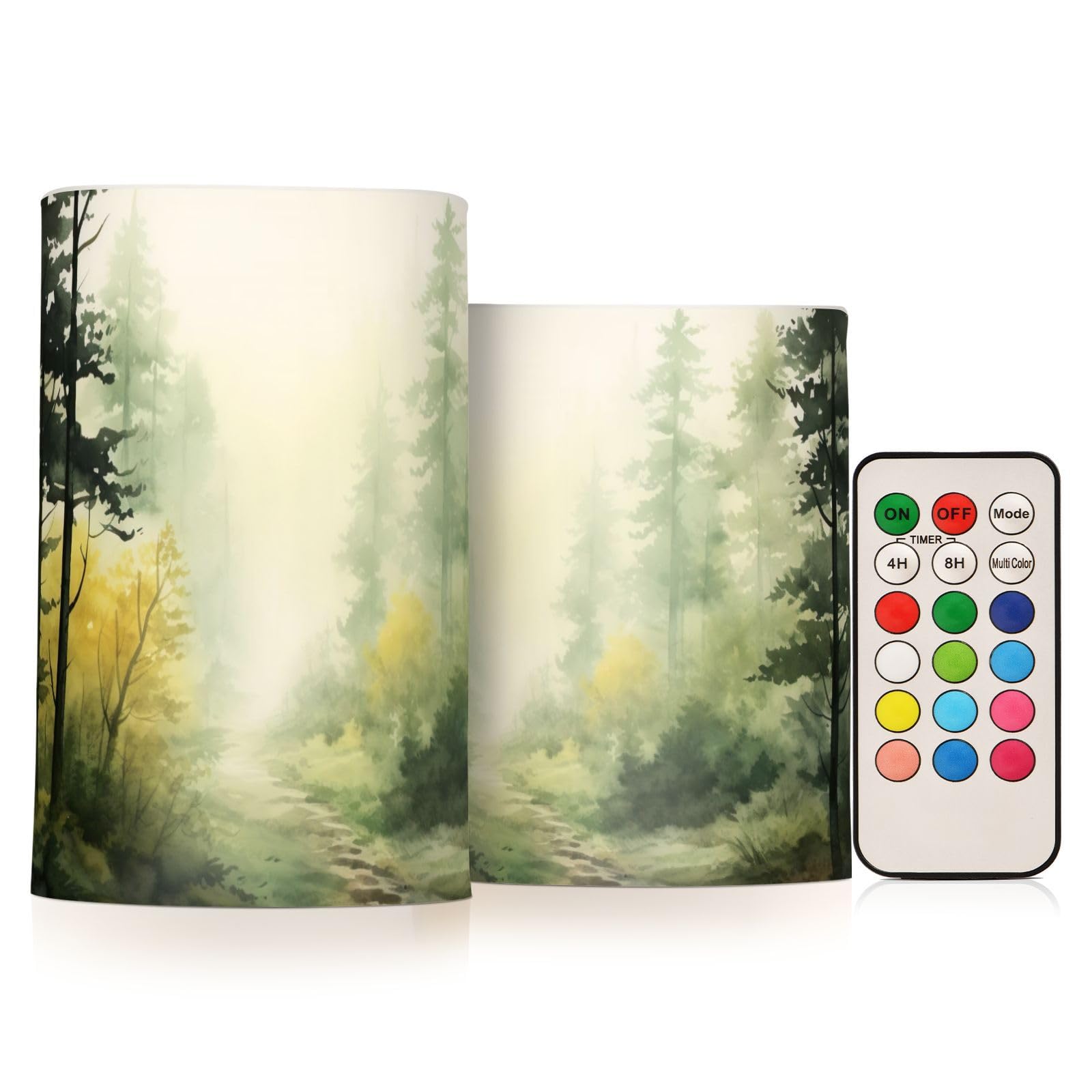 BOESI Watercolor Forest Pattern Flameless Candles Color Changing LED Candles with Remote Control Battery Candles for Outdoor and Indoor Home and Room