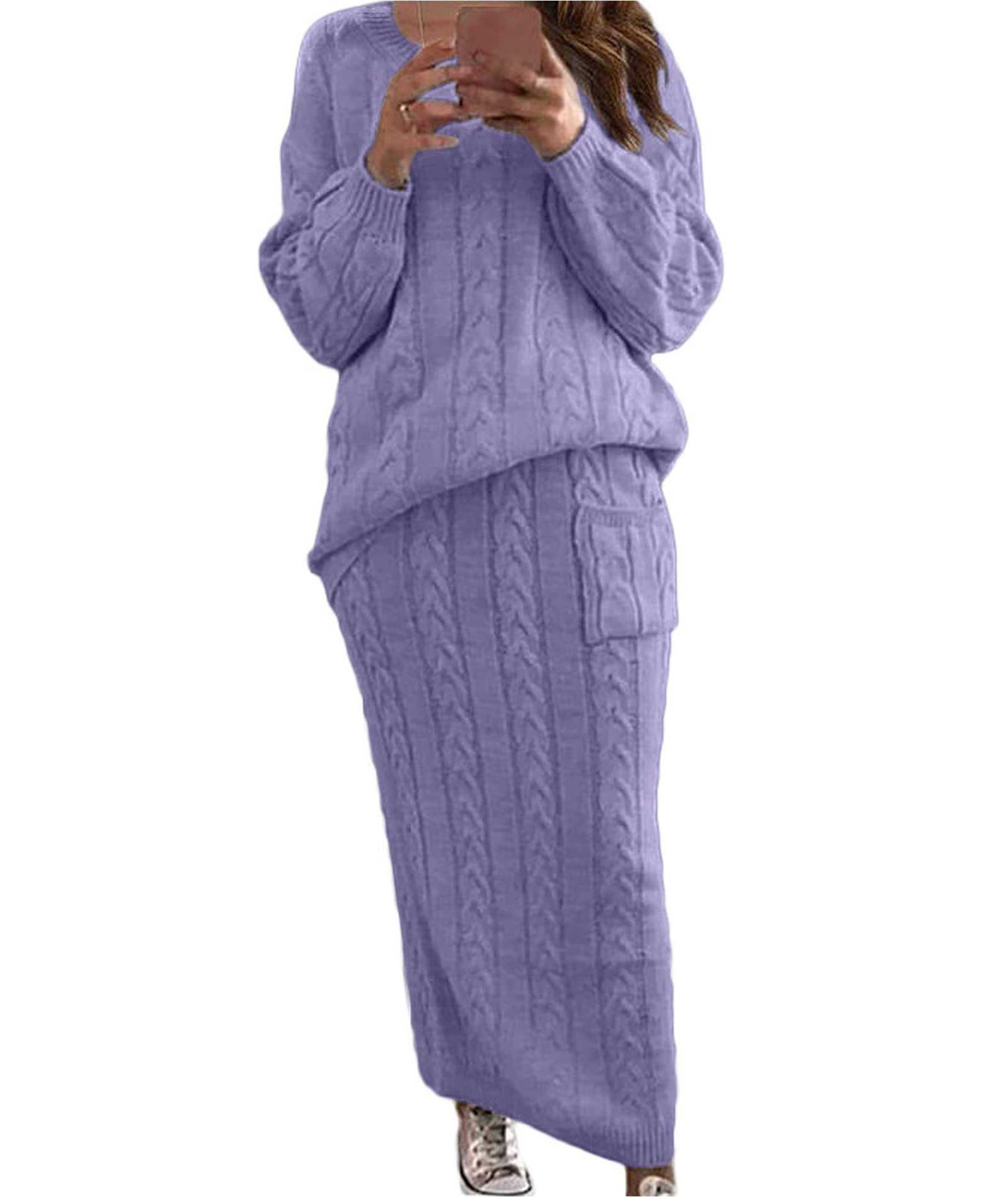 Sexyshine Womens Cable Knit Long Skirt 2 Piece Outfit Chunky Oversized Pullover Sweater Top and Long Pencil Skirt