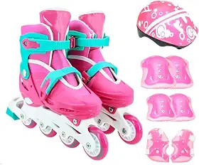 Patins Infantil 4 Rodas Inline Ajustável Rosa + Proteção