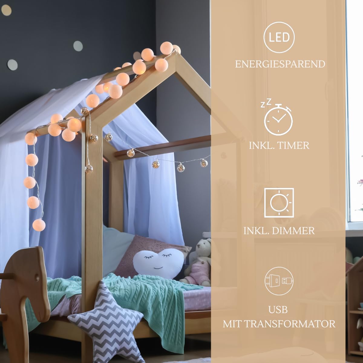 CREATIVECOTTON - Catena luminosa XXL con 50 sfere di cotone a nido d'ape, 5 m, per interni