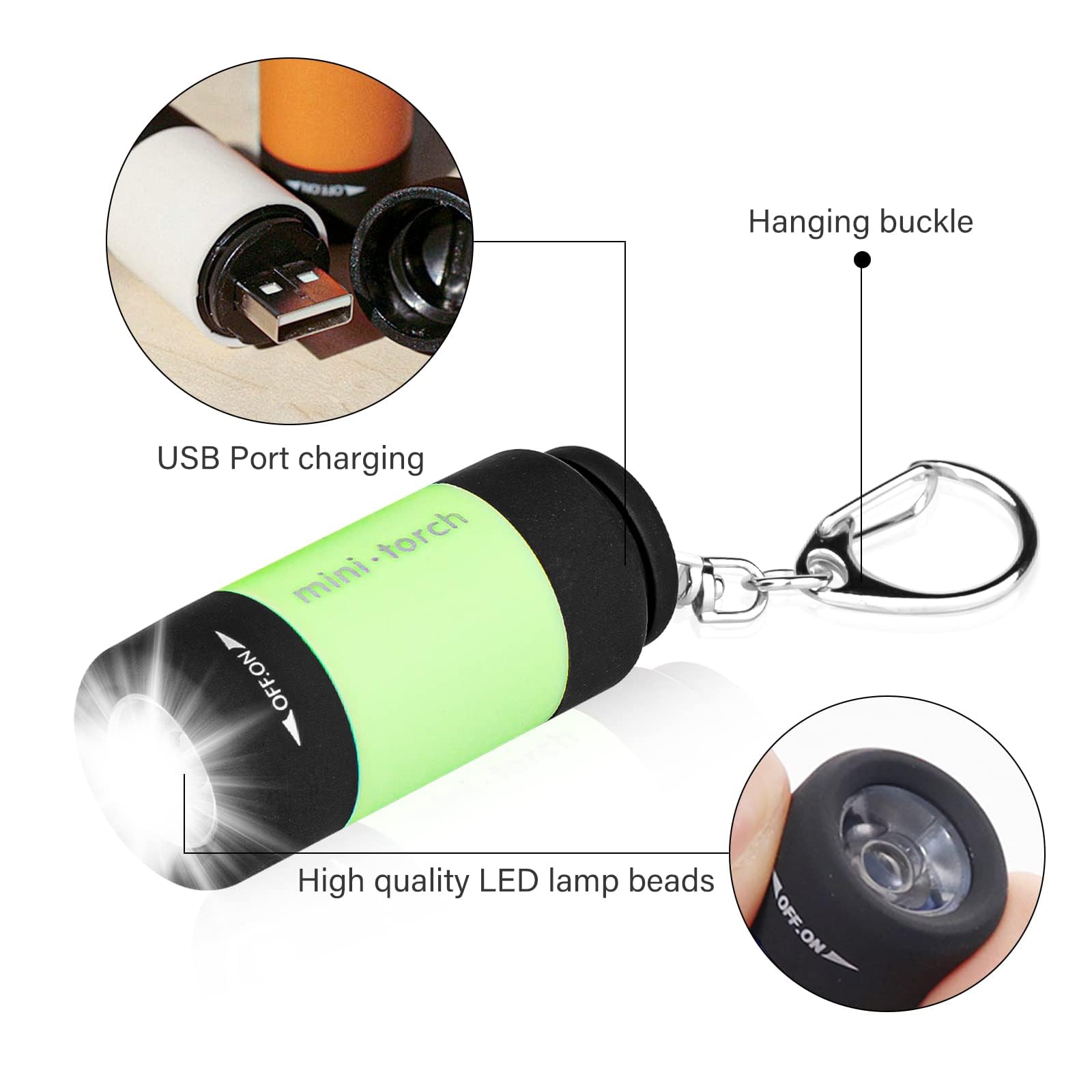 GOMETY 4 mini torcia LED per bambini, con rivestimento in silicone ricaricabile USB, impermeabile, con portachiavi (4, bianco, blu, verde, giallo)