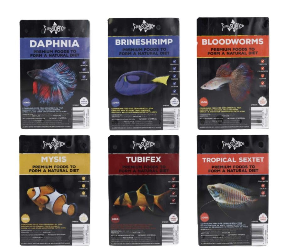 Frozen Fish Food Mix, Tropical & Coldwater, Bloodworm, Mysis, Brine Shrimp, Daphnia, Tubifex, Tropical Sextet (5, Mix)