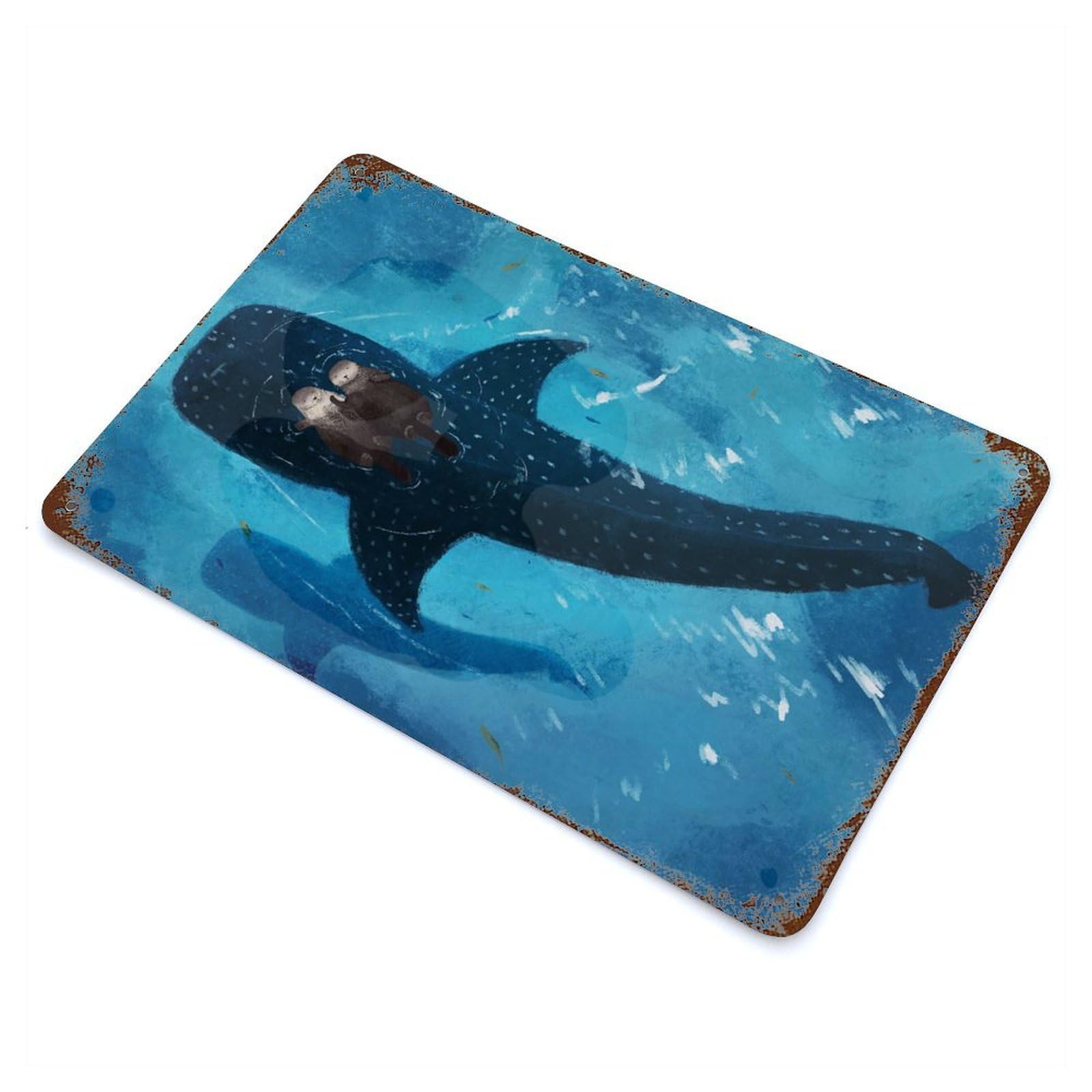 A Couple of Otters Sleeping And A Whale Shark Decorative Tin Sign 11.8"x7.9", Retro Wall Decor for Basement, Hobby Room And Garage Decor