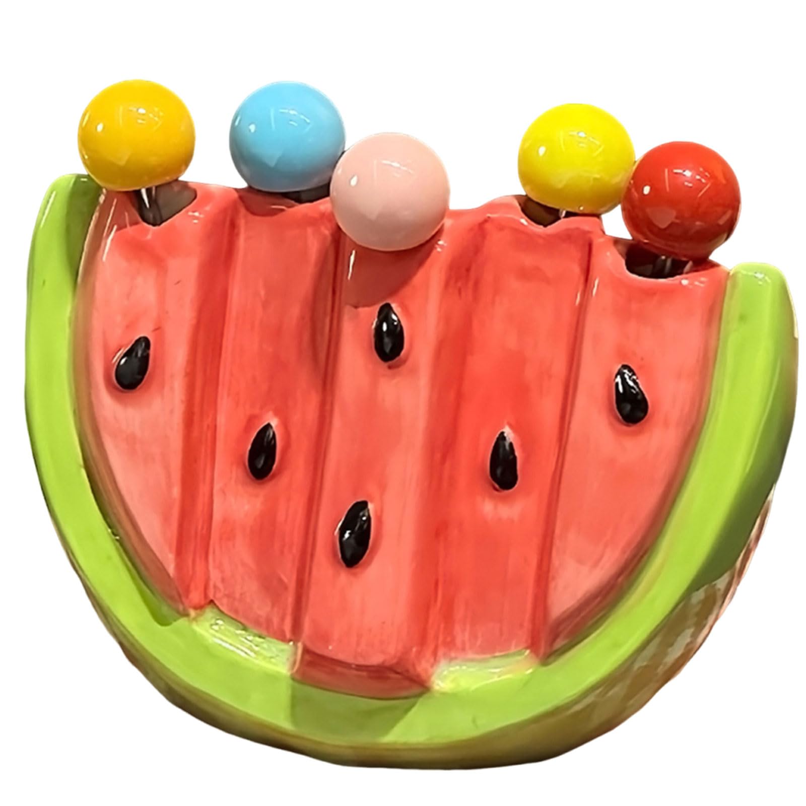 Lot de 5 Fourchettes à Fruits et Dessert en Acier Inoxydable, Design Pastèque Boîte de Rangement Céramique Déco, pour Cuisine, Fête, Pique-Nique, Mariage, Gâteau