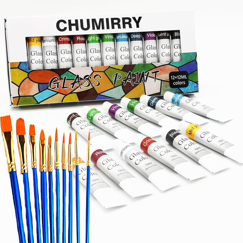 Jinzi Stain Glass Paint, Non-Toxic Window Paint, Permanent Glass Paint Kit, Lacquer Based for Superior Stained Glass Art Paint, Glass Painting with 10Pieces Round Pointed Tip Nylon Hair Brush