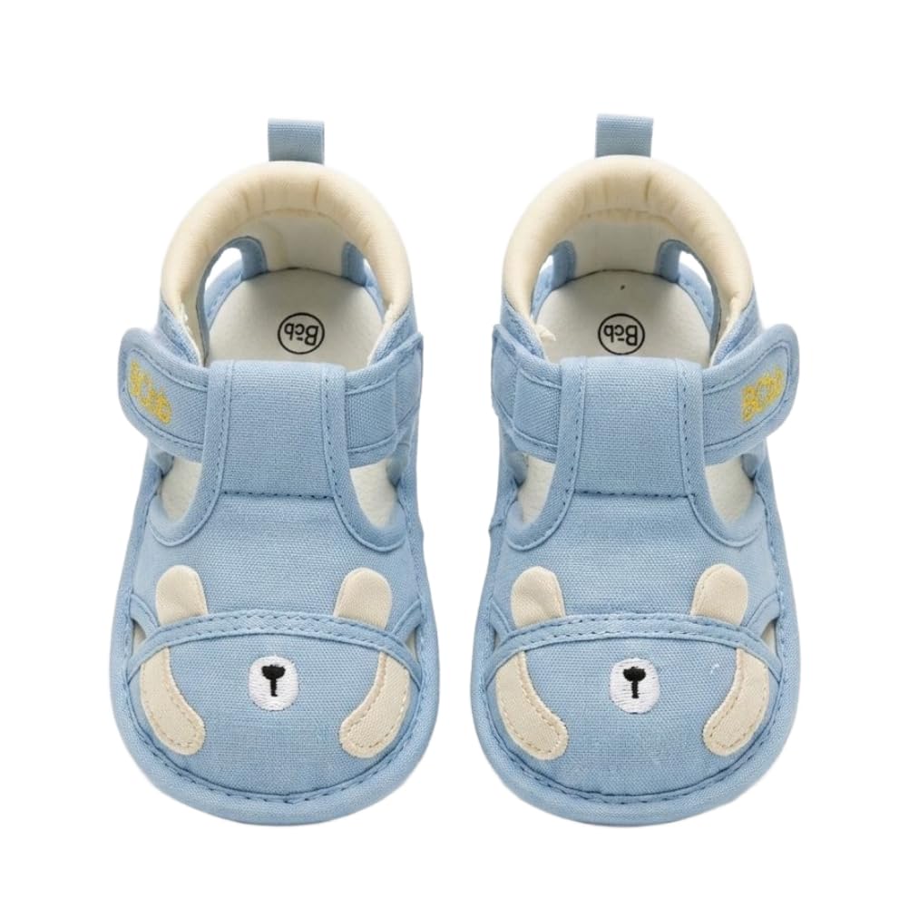 Baby Sandals, Blue, Bear Embroidered, Canvas, Velcro Closure, Anti-Slip Sole, Infant First Walker Shoes For 18-24 Months Baby Socks Cum Shoes-image-23