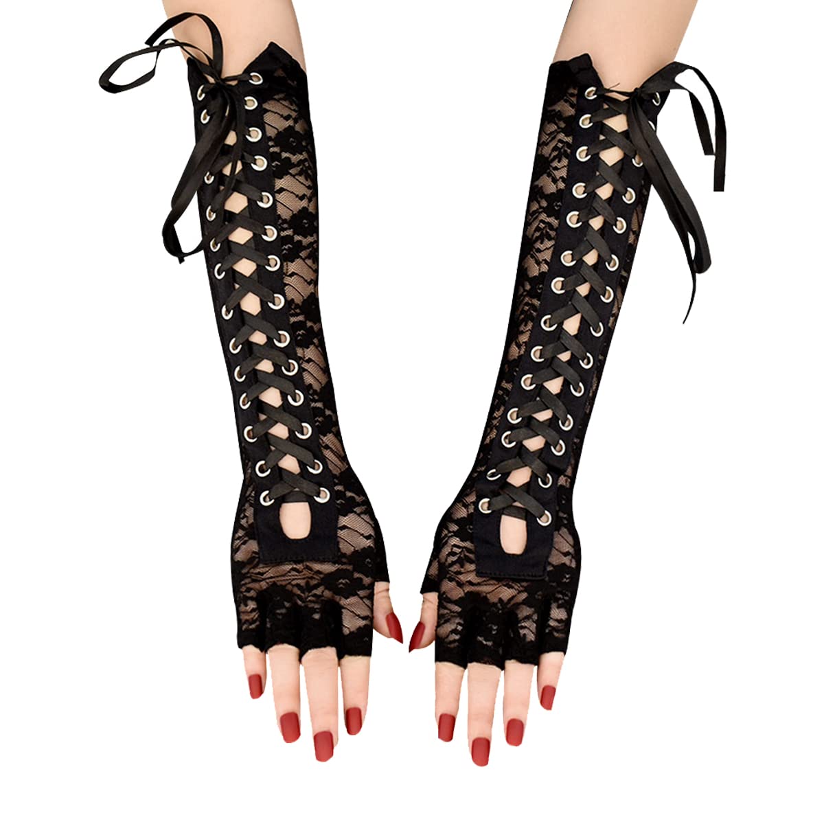 SamHeng Women's Fingerless Gloves, Long Sexy Black Satin Gloves with Laced Tie, Lace Up Elbow Arm Warmers for Evening Opera Punk Party Cosplay Dress Up Costumes