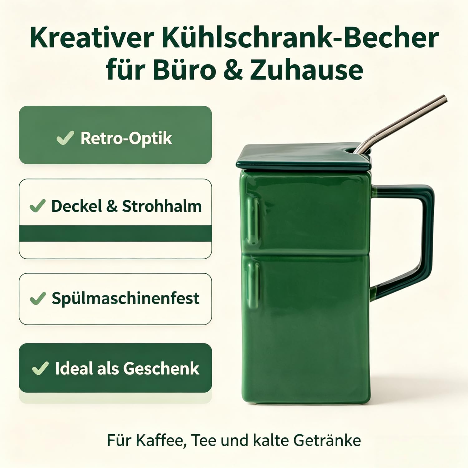 Kühlschrank Becher Keramik - Retro mit Deckel und Strohhalm (Grün + Silber)