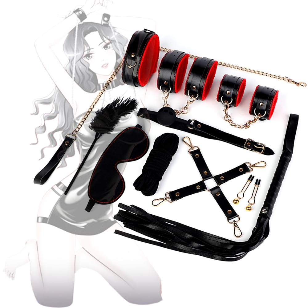 Kit de Bondage en Cuir Noir et Rouge, 10 Pièces, Accessoires avec Chaînes