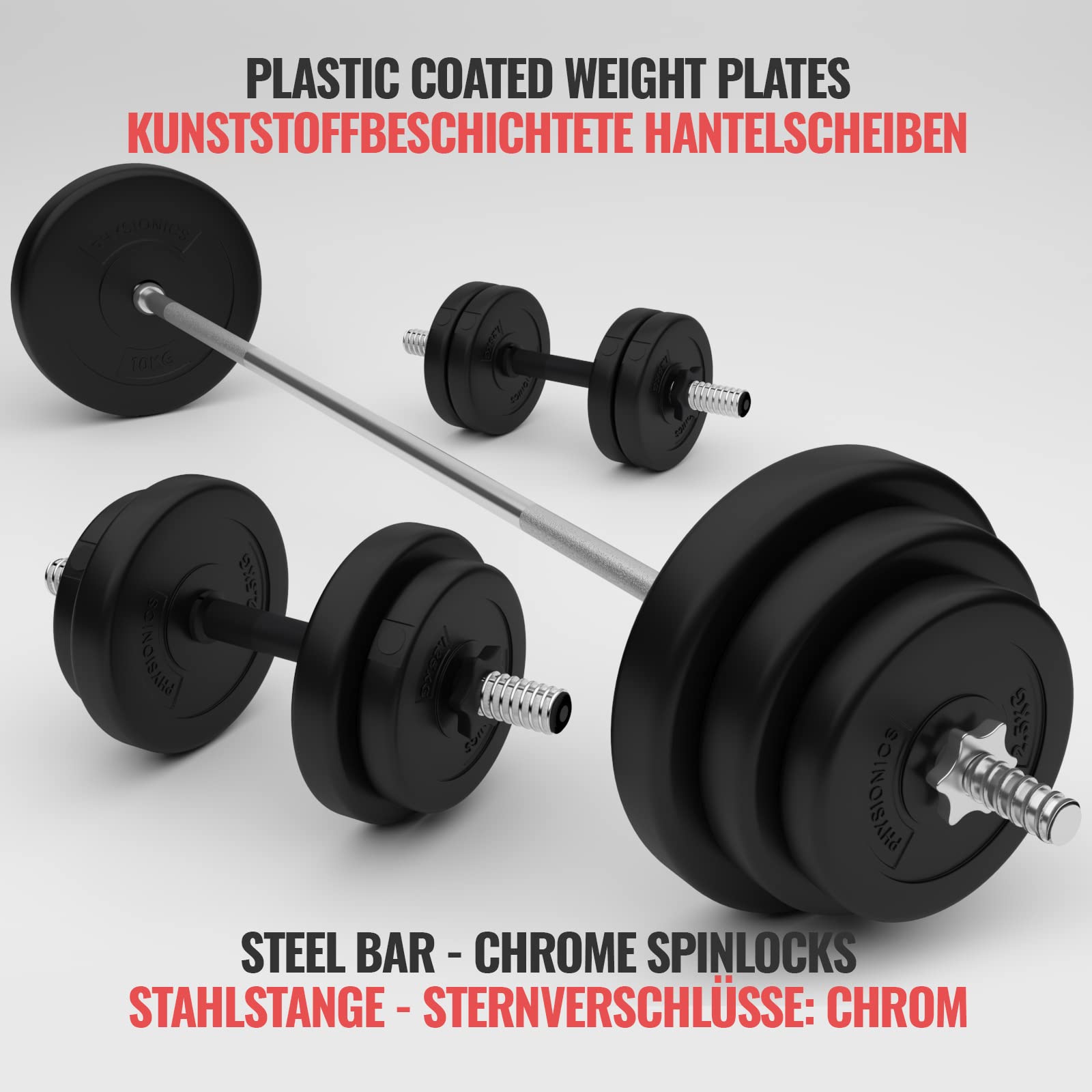 Physionics® zestaw hantli 38/58/78/108 kg, długie hantle (165 cm, Ø 30 mm, zapięcia gwiazdowe, do 500 kg), 2 krótkie hantle (1,5 kg, regulowane), ciężarki – sztanga długa, krótka sztanga
