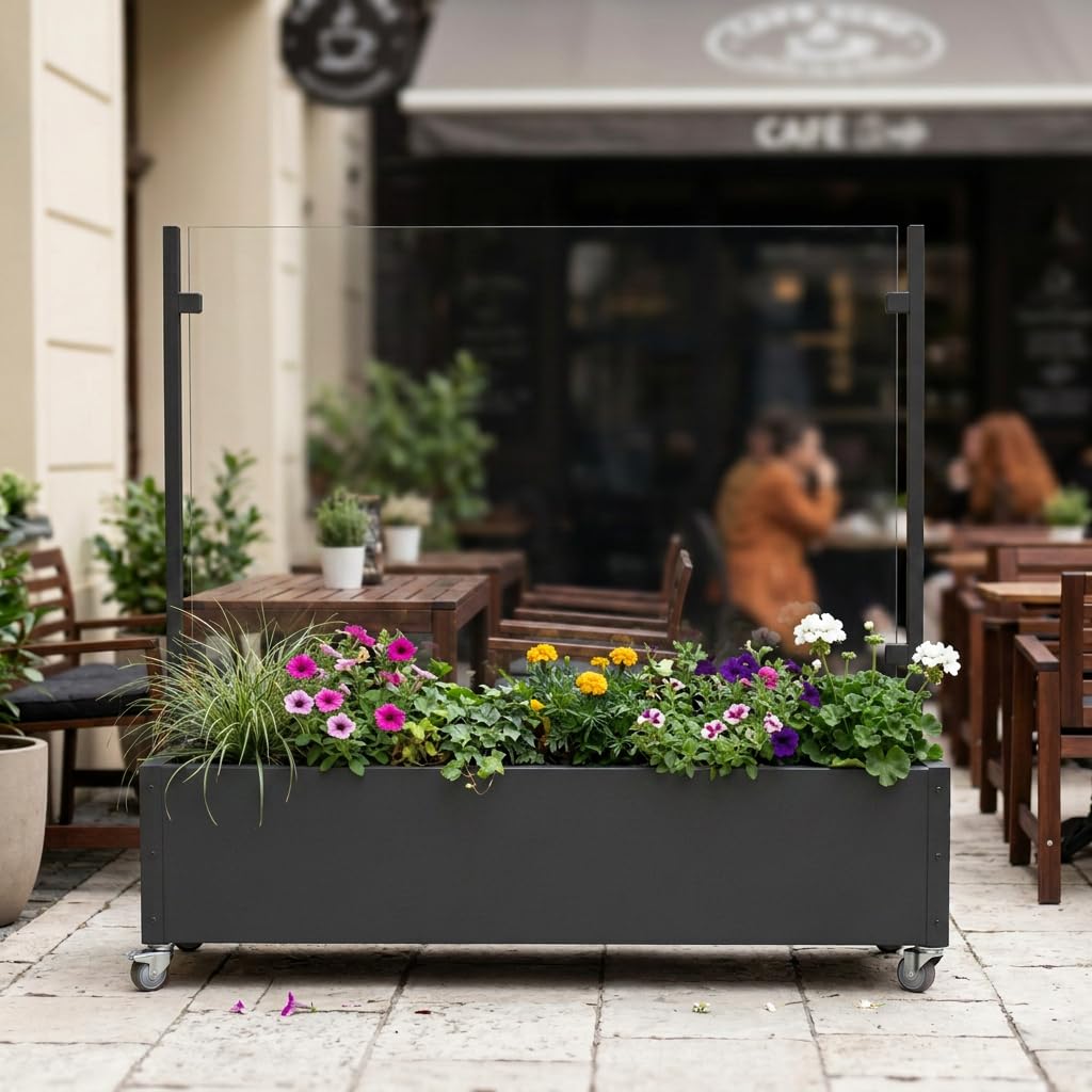 Windschutz mit Pflanzkasten 196 cm mobil mit 4 Rollen – Glas Sichtschutz Terrasse Balkon Garten – Aluminium anthrazit – wetterfest & UV-beständig – moderner Raumteiler Outdoor (Scheibe transparent)