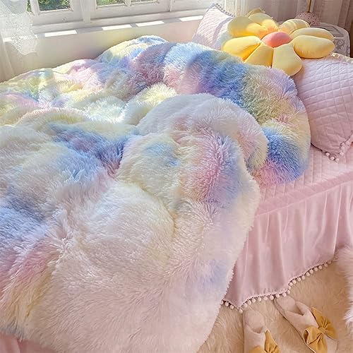 Miniatura 2 de Roscloud Juego de edredón de piel sintética para niños y niñas diseño de arcoíris y sol tamaño individualmatrimonial juego de cama de 3 piezas