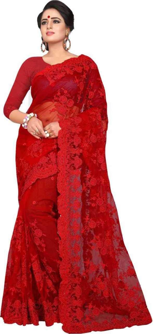 SareeShop Arohi Women's Net Embroidered Saree with Blouse (ShagunRed-SAREESHOP15, Red)